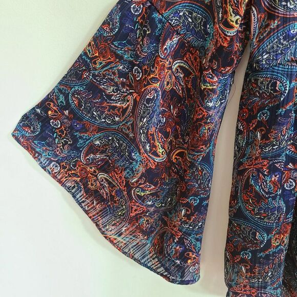 Relativity Black Paisley Gathered Blouse Multi Color 3/4 Bell Sleeve Sz Medium - Picture 5 of 16